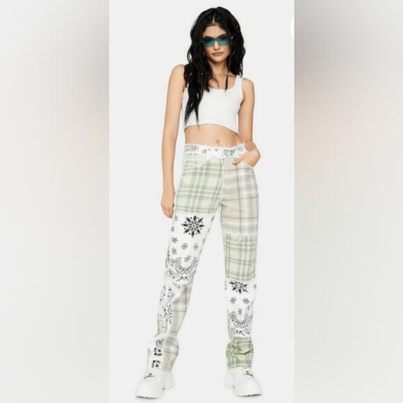 Dolls Kill Jaded London NEW Green Handkerchief Patchwork Relaxed Straight Jean S - Picture 1 of 16